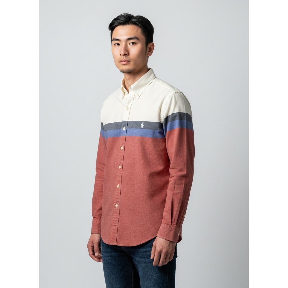 Ralph Lauren Mens Slim Fit Colorblock Oxford Shirt Red Blue Cream Small